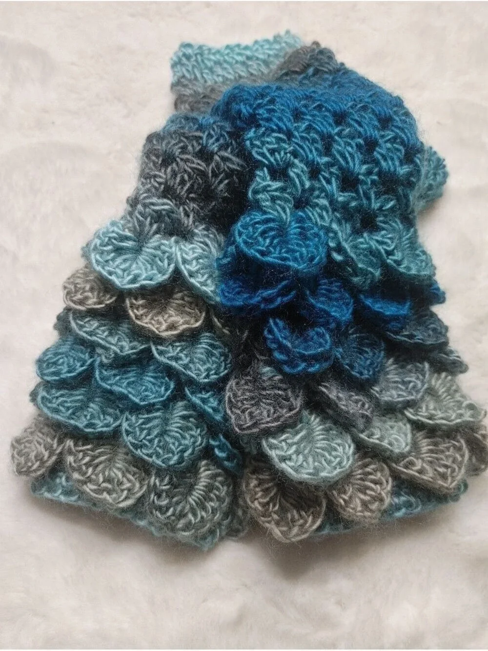 Handmade Crocheted Dragonscale Fingerless Texting Gloves Turquoise/Grey